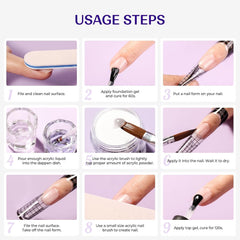Acrylic Nail Kit - Clear Pink White Nude Powder & Liquid Monomer Set with Brush Nail Forms Extension Kit for Beginners Home DIY Nail Art