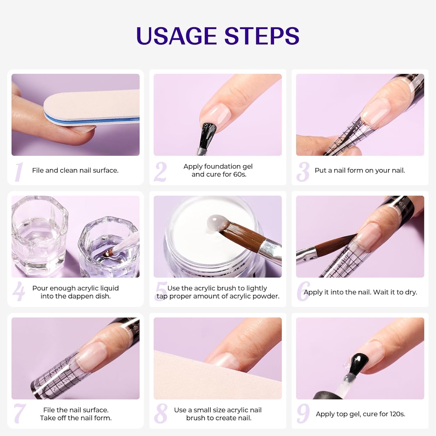 Acrylic Nail Kit - Clear Pink White Nude Powder & Liquid Monomer Set with Brush Nail Forms Extension Kit for Beginners Home DIY Nail Art